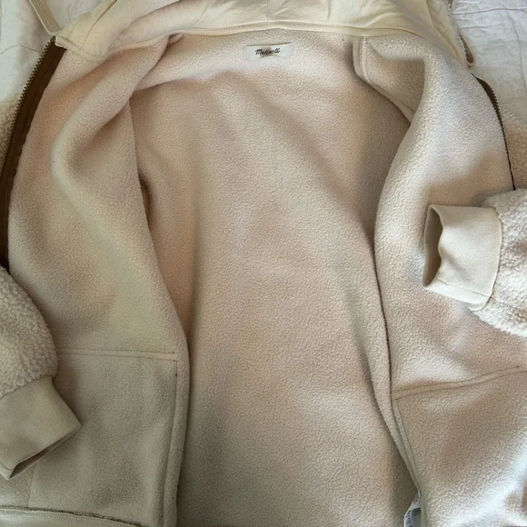 Madewell Cream Sherpa Zip Hoodie Jacket Brown Pocket Trim Cozy Teddy Fleece - Picture 3 of 8